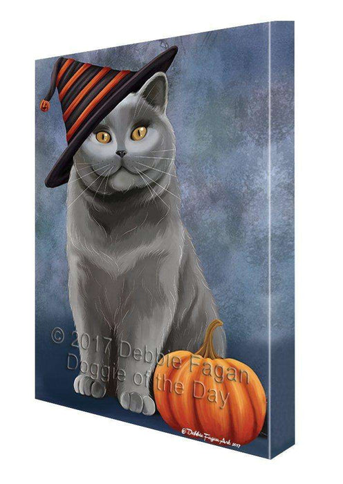Happy Halloween British Shorthair Cat Wearing Witch Hat with Pumpkin Canvas Wall Art