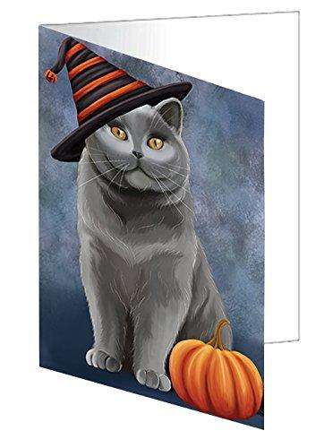 Happy Halloween British Shorthair Cat Wearing Witch Hat with Pumpkin Handmade Artwork Assorted Pets Greeting Cards and Note Cards with Envelopes for All Occasions and Holiday Seasons