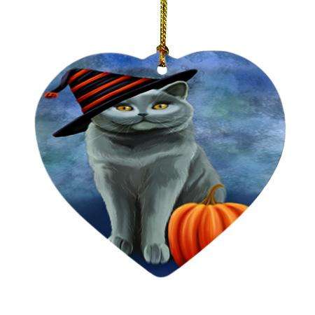Happy Halloween British Shorthair Cat Wearing Witch Hat with Pumpkin Heart Christmas Ornament HPOR54996