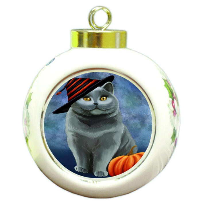 Happy Halloween British Shorthair Cat Wearing Witch Hat with Pumpkin Round Ball Christmas Ornament RBPOR54996
