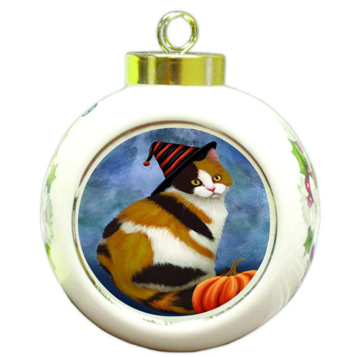 Happy Halloween British Shorthair Cat Wearing Witch Hat with Pumpkin Round Ball Christmas Ornament RBPOR54997