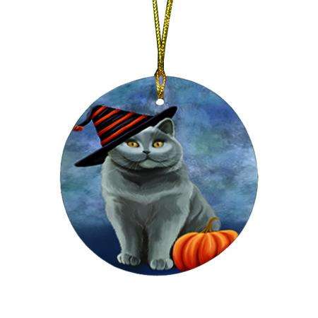 Happy Halloween British Shorthair Cat Wearing Witch Hat with Pumpkin Round Flat Christmas Ornament RFPOR54987