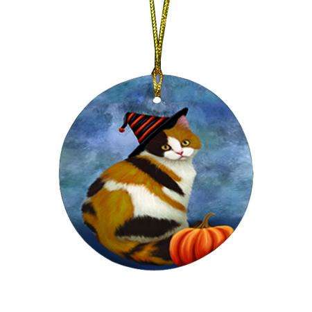 Happy Halloween British Shorthair Cat Wearing Witch Hat with Pumpkin Round Flat Christmas Ornament RFPOR54988