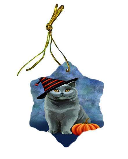 Happy Halloween British Shorthair Cat Wearing Witch Hat with Pumpkin Star Porcelain Ornament SPOR54987