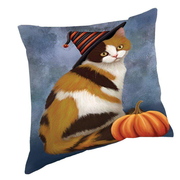 Happy Halloween British Shorthair Cat Wearing Witch Hat with Pumpkin Throw Pillow