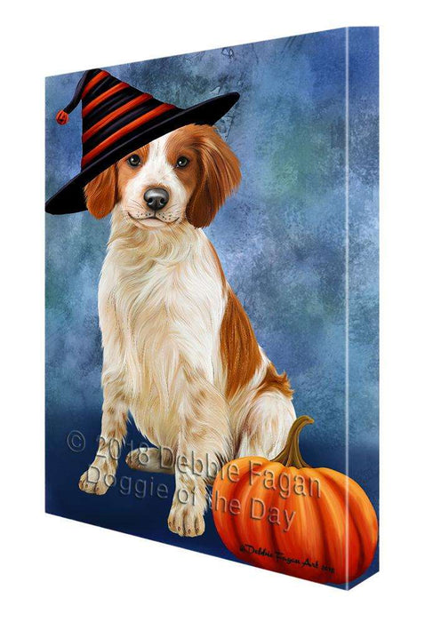 Happy Halloween Brittany Spaniel Dog Wearing Witch Hat with Pumpkin Canvas Print Wall Art Décor CVS112760