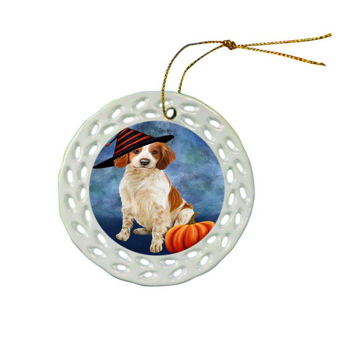 Happy Halloween Brittany Spaniel Dog Wearing Witch Hat with Pumpkin Ceramic Doily Ornament DPOR55049