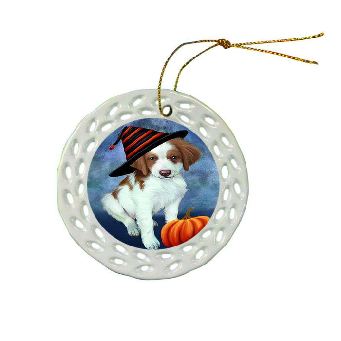 Happy Halloween Brittany Spaniel Dog Wearing Witch Hat with Pumpkin Ceramic Doily Ornament DPOR55050