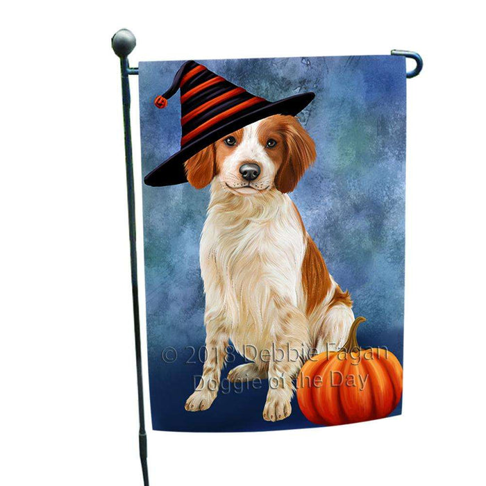 Happy Halloween Brittany Spaniel Dog Wearing Witch Hat with Pumpkin Garden Flag GFLG55052