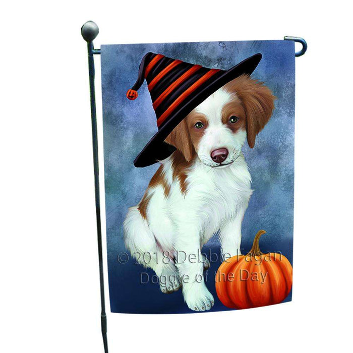 Happy Halloween Brittany Spaniel Dog Wearing Witch Hat with Pumpkin Garden Flag GFLG55053