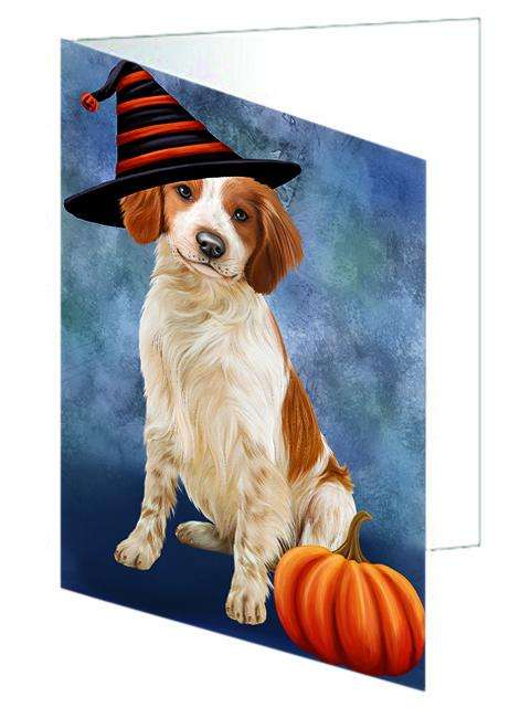 Happy Halloween Brittany Spaniel Dog Wearing Witch Hat with Pumpkin Handmade Artwork Assorted Pets Greeting Cards and Note Cards with Envelopes for All Occasions and Holiday Seasons GCD68792