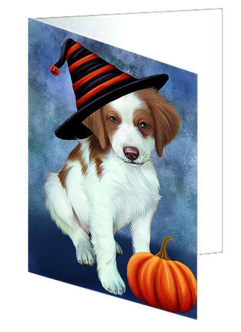 Happy Halloween Brittany Spaniel Dog Wearing Witch Hat with Pumpkin Handmade Artwork Assorted Pets Greeting Cards and Note Cards with Envelopes for All Occasions and Holiday Seasons GCD68795