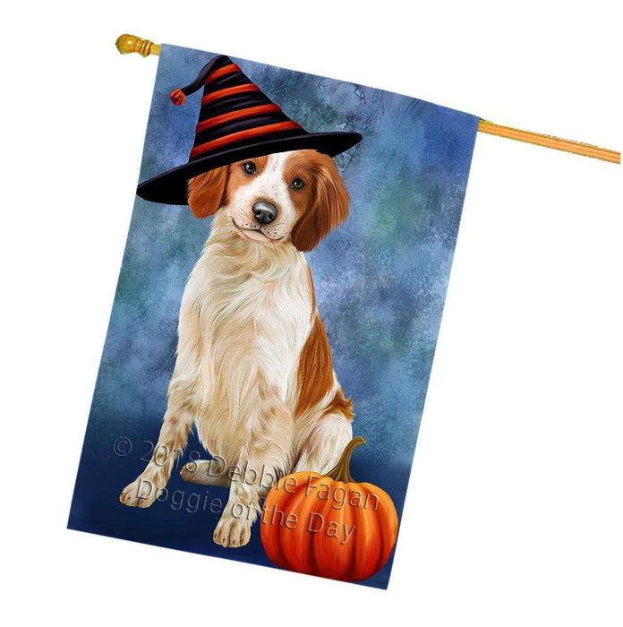 Happy Halloween Brittany Spaniel Dog Wearing Witch Hat with Pumpkin House Flag FLG55188