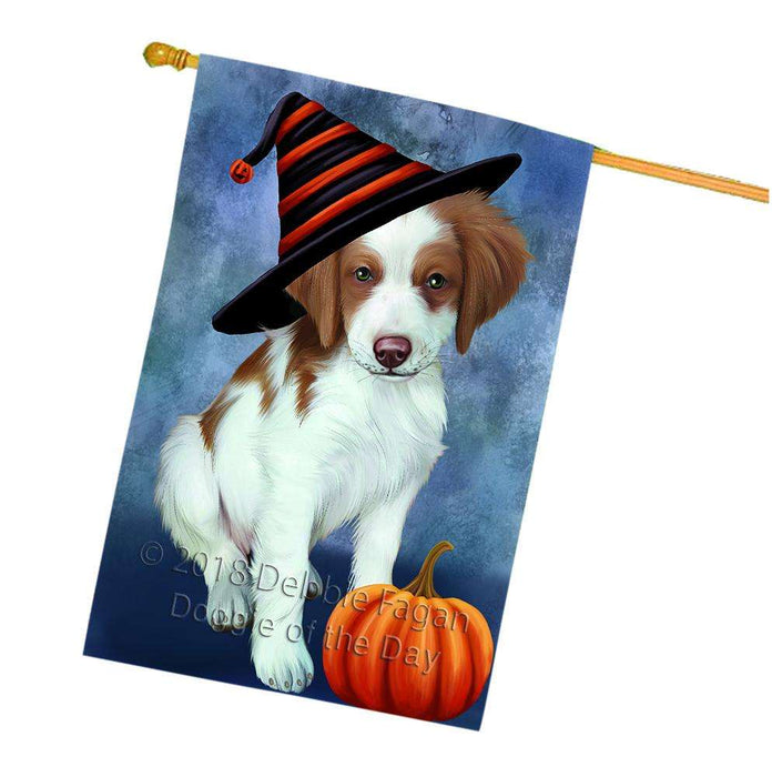 Happy Halloween Brittany Spaniel Dog Wearing Witch Hat with Pumpkin House Flag FLG55189
