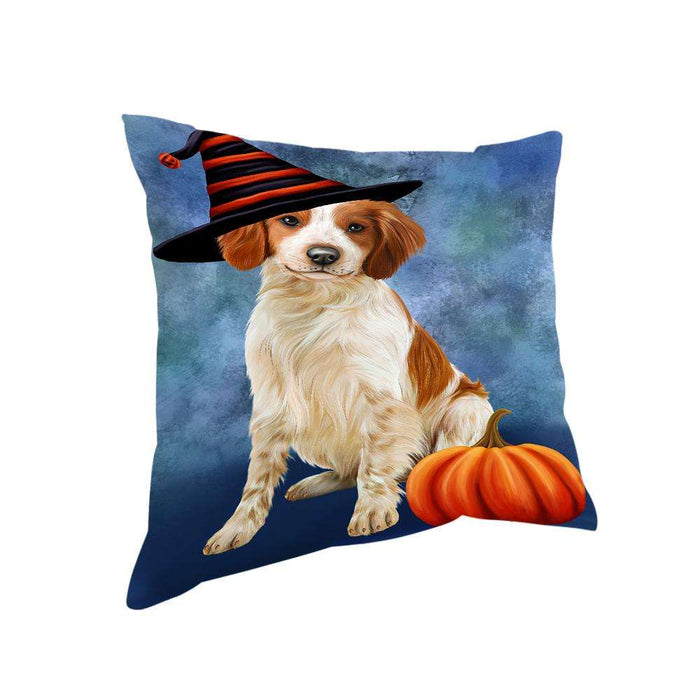 Happy Halloween Brittany Spaniel Dog Wearing Witch Hat with Pumpkin Pillow PIL76308