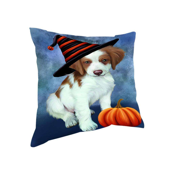 Happy Halloween Brittany Spaniel Dog Wearing Witch Hat with Pumpkin Pillow PIL76312