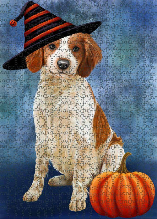 Happy Halloween Brittany Spaniel Dog Wearing Witch Hat with Pumpkin Puzzle with Photo Tin PUZL87116