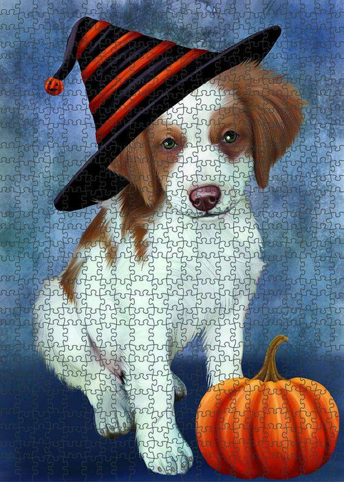 Happy Halloween Brittany Spaniel Dog Wearing Witch Hat with Pumpkin Puzzle with Photo Tin PUZL87120