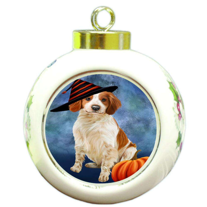 Happy Halloween Brittany Spaniel Dog Wearing Witch Hat with Pumpkin Round Ball Christmas Ornament RBPOR55049