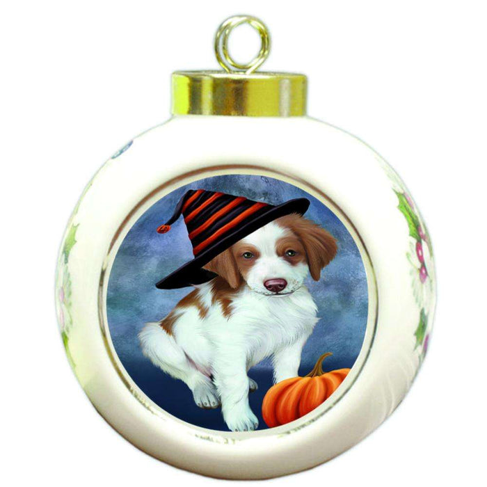 Happy Halloween Brittany Spaniel Dog Wearing Witch Hat with Pumpkin Round Ball Christmas Ornament RBPOR55050