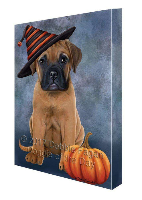 Happy Halloween Bull Mastiff Dog Wearing Witch Hat with Pumpkin Canvas Wall Art