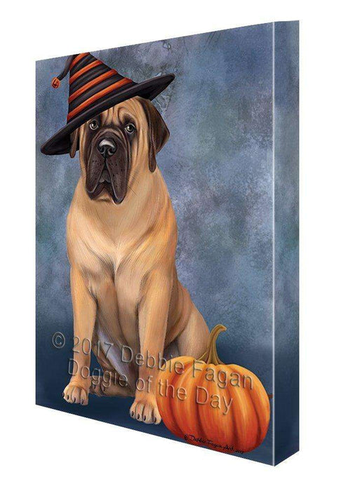 Happy Halloween Bull Mastiff Dog Wearing Witch Hat with Pumpkin Canvas Wall Art