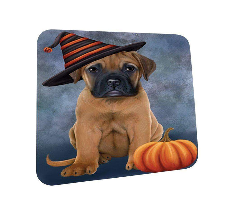 Happy Halloween Bull Mastiff Dog Wearing Witch Hat with Pumpkin Coasters Set of 4