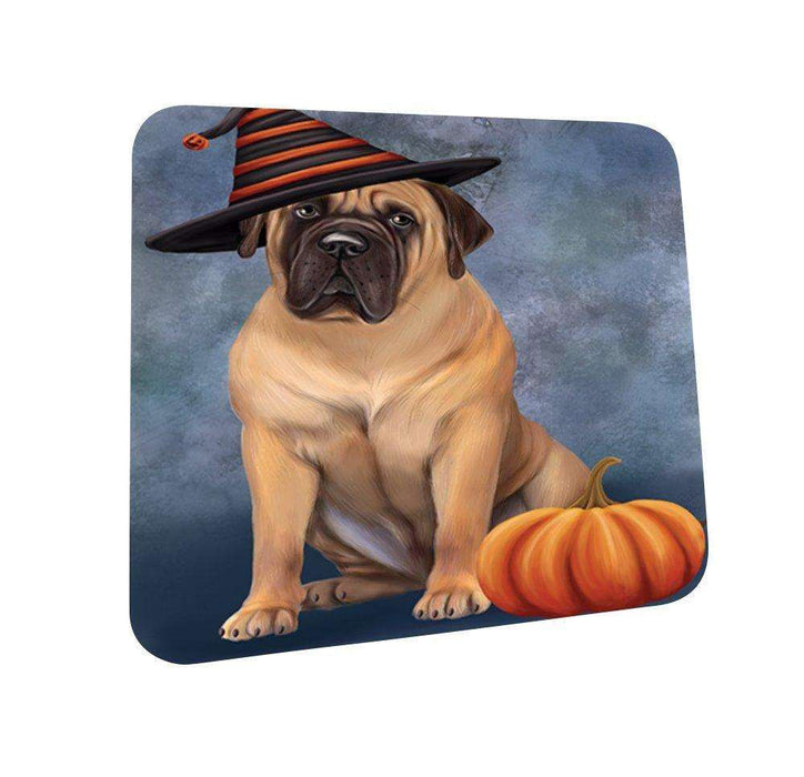 Happy Halloween Bull Mastiff Dog Wearing Witch Hat with Pumpkin Coasters Set of 4