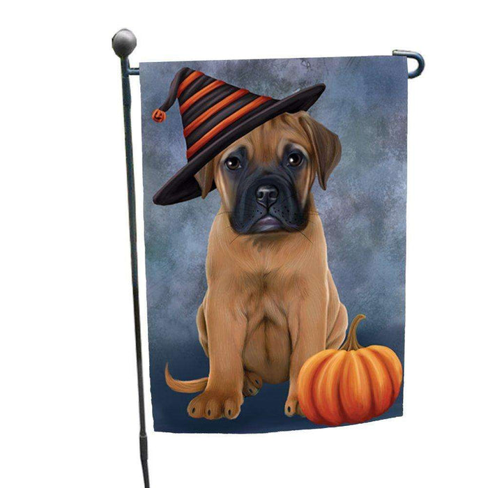 Happy Halloween Bull Mastiff Dog Wearing Witch Hat with Pumpkin Garden Flag