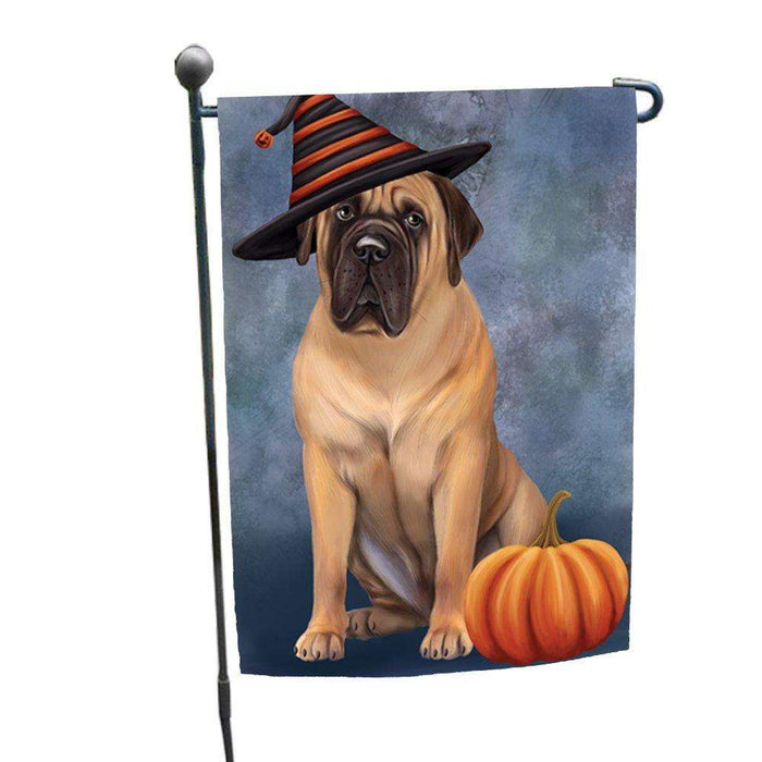 Happy Halloween Bull Mastiff Dog Wearing Witch Hat with Pumpkin Garden Flag