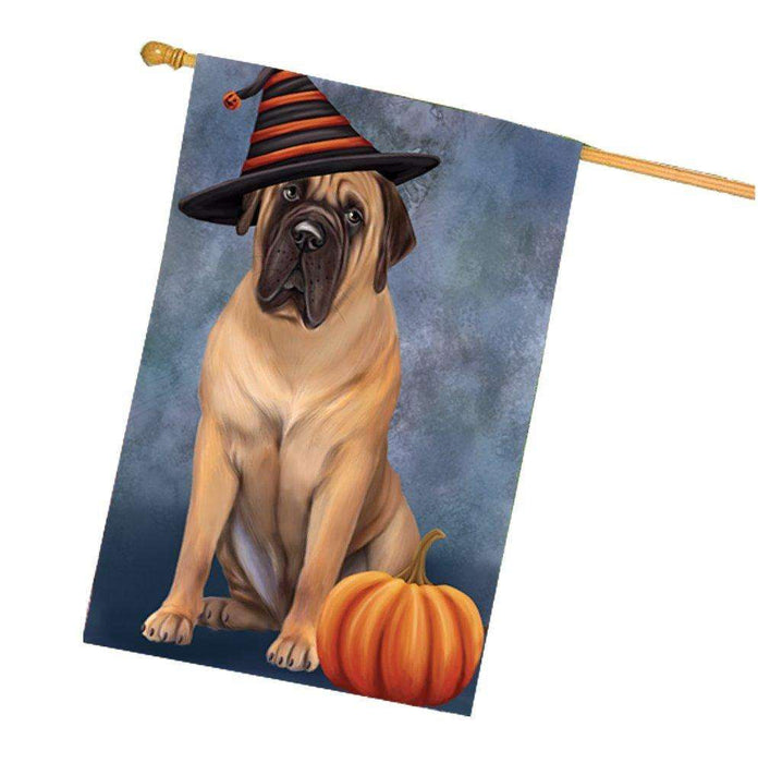 Happy Halloween Bull Mastiff Dog Wearing Witch Hat with Pumpkin House Flag