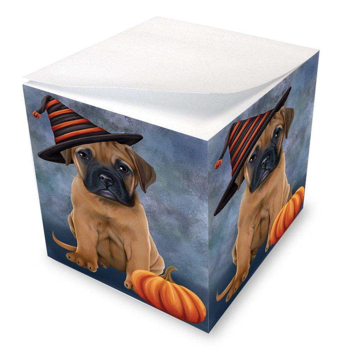 Happy Halloween Bull Mastiff Dog Wearing Witch Hat with Pumpkin Note Cube