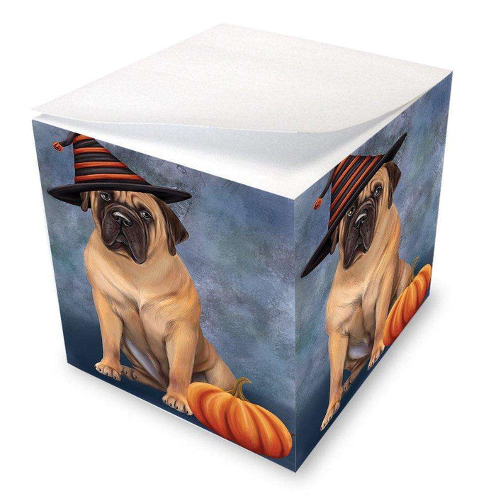 Happy Halloween Bull Mastiff Dog Wearing Witch Hat with Pumpkin Note Cube