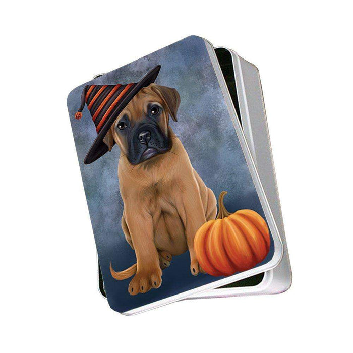 Happy Halloween Bull Mastiff Dog Wearing Witch Hat with Pumpkin Photo Storage Tin