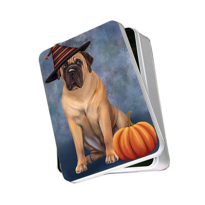 Happy Halloween Bull Mastiff Dog Wearing Witch Hat with Pumpkin Photo Storage Tin