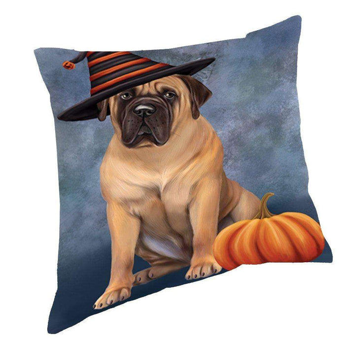 Happy Halloween Bull Mastiff Dog Wearing Witch Hat with Pumpkin Throw Pillow