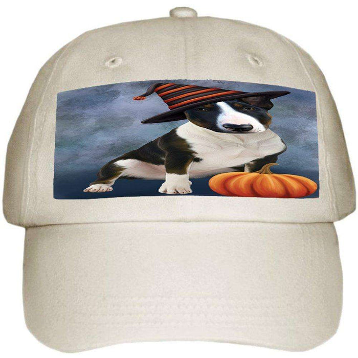 Happy Halloween Bull Terrier Dog Wearing Witch Hat with Pumpkin Ball Hat Cap