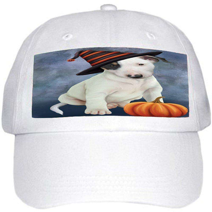 Happy Halloween Bull Terrier Dog Wearing Witch Hat with Pumpkin Ball Hat Cap