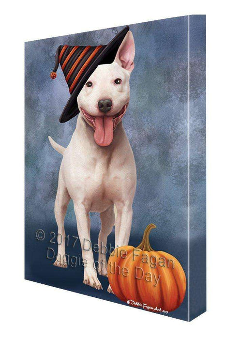Happy Halloween Bull Terrier Dog Wearing Witch Hat with Pumpkin Canvas Wall Art