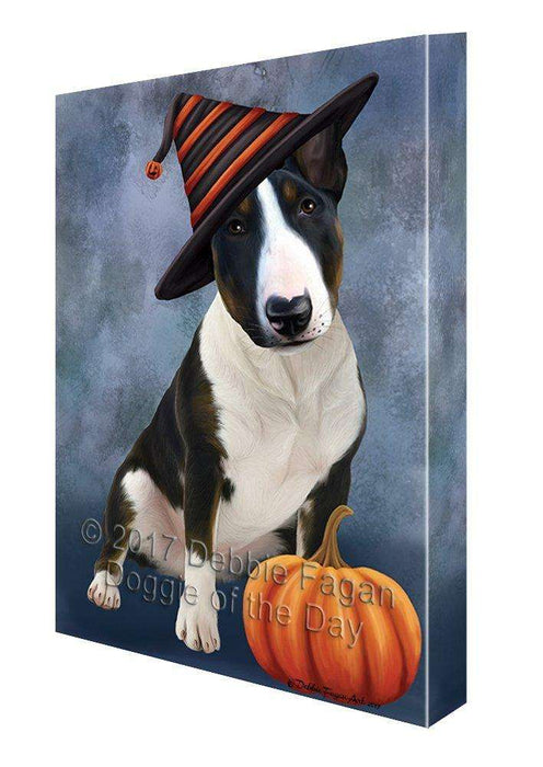 Happy Halloween Bull Terrier Dog Wearing Witch Hat with Pumpkin Canvas Wall Art