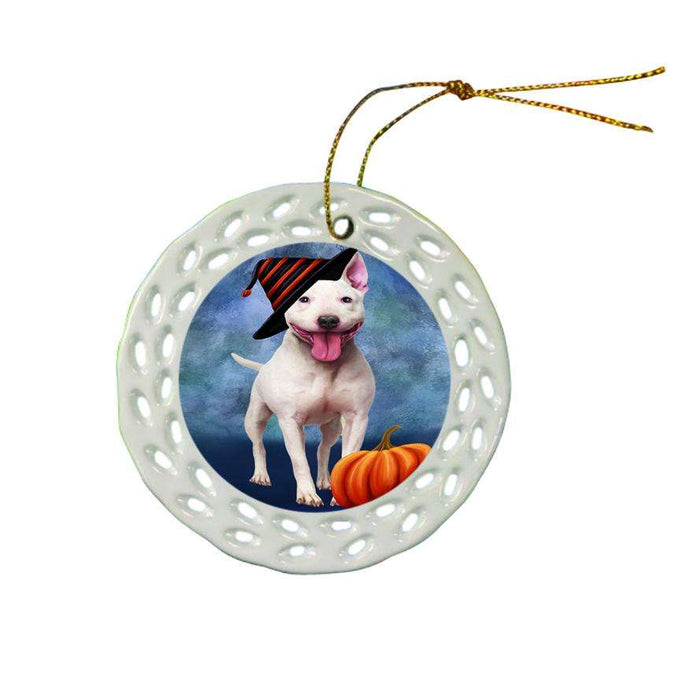 Happy Halloween Bull Terrier Dog Wearing Witch Hat with Pumpkin Ceramic Doily Ornament DPOR54998
