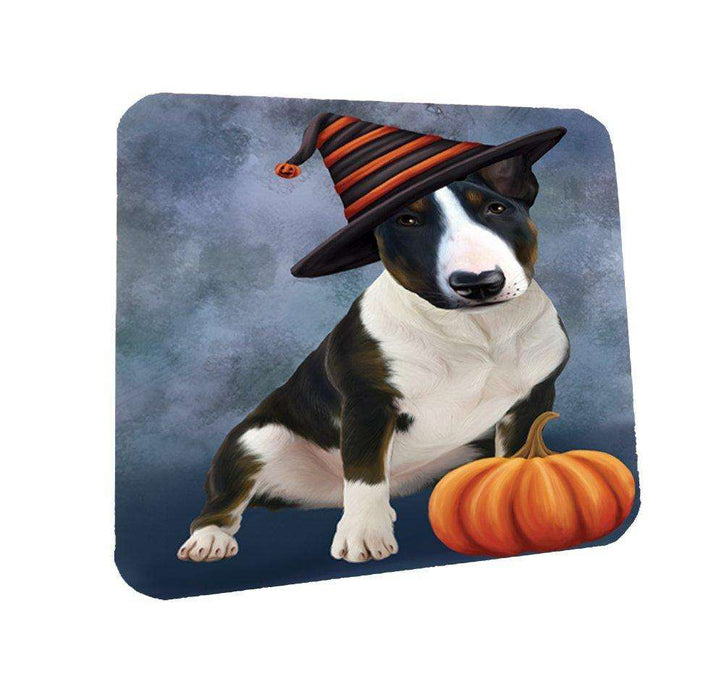 Happy Halloween Bull Terrier Dog Wearing Witch Hat with Pumpkin Coasters Set of 4