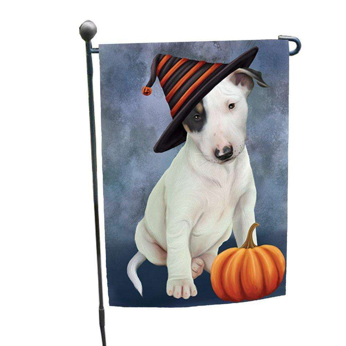 Happy Halloween Bull Terrier Dog Wearing Witch Hat with Pumpkin Garden Flag