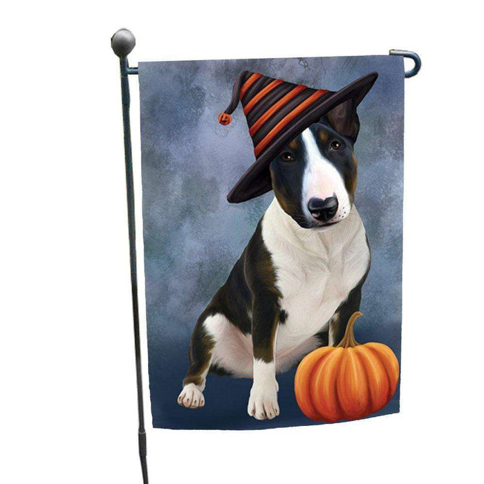 Happy Halloween Bull Terrier Dog Wearing Witch Hat with Pumpkin Garden Flag