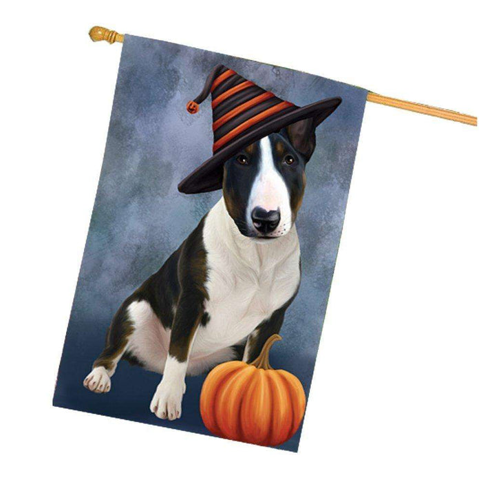 Happy Halloween Bull Terrier Dog Wearing Witch Hat with Pumpkin House Flag