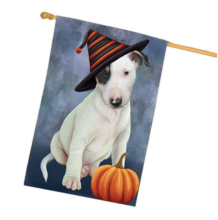 Happy Halloween Bull Terrier Dog Wearing Witch Hat with Pumpkin House Flag