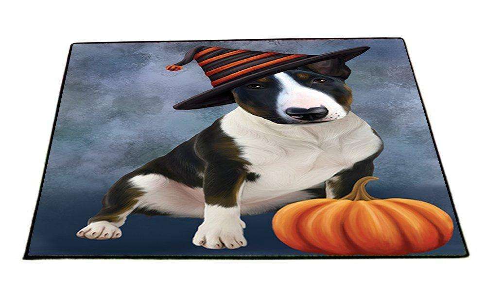 Happy Halloween Bull Terrier Dog Wearing Witch Hat with Pumpkin Indoor/Outdoor Floormat