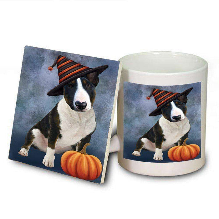 Happy Halloween Bull Terrier Dog Wearing Witch Hat with Pumpkin Mug and Coaster Set