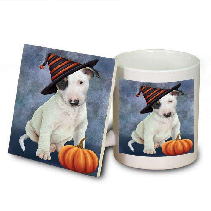 Happy Halloween Bull Terrier Dog Wearing Witch Hat with Pumpkin Mug and Coaster Set