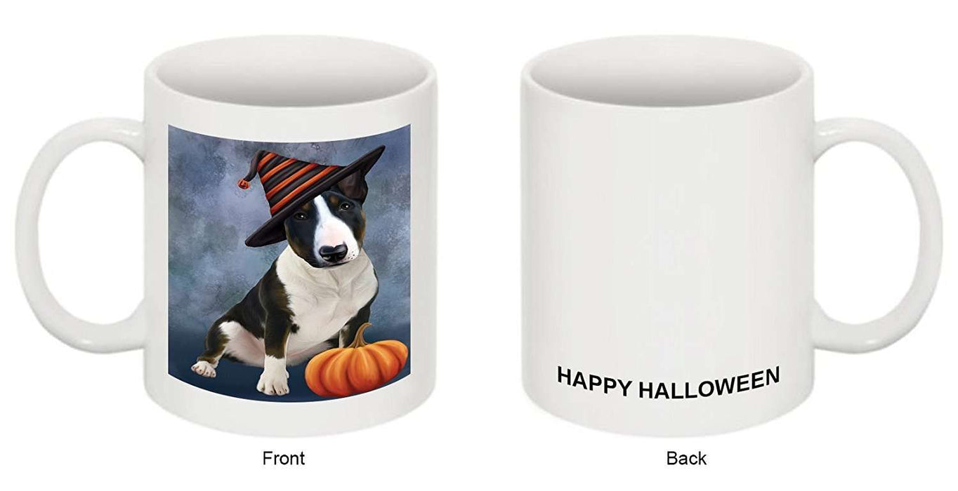 Happy Halloween Bull Terrier Dog Wearing Witch Hat with Pumpkin Mug